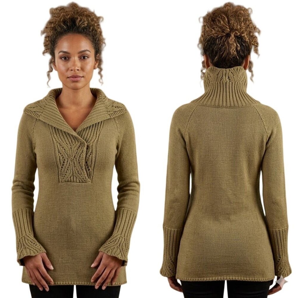 American Attitudes Womens Sweater Medium Tan Pullover Cowl Neck Boho Knit Casual